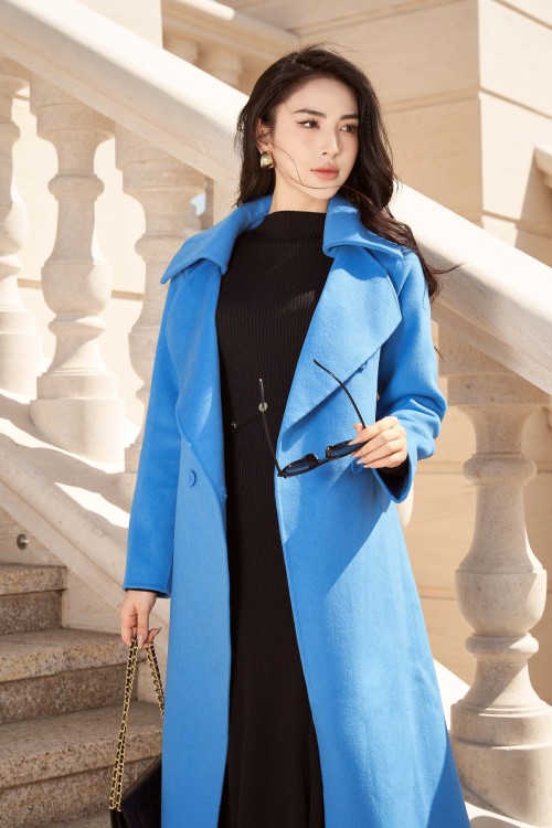 Sixdo Blue Long Coat With Belt